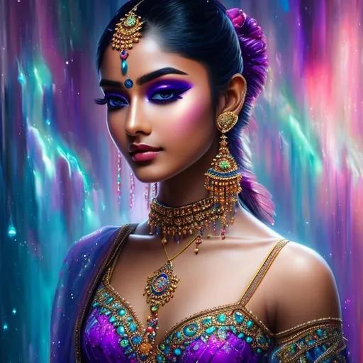 Prompt: (8k, 3D, UHD, highly detailed, hyper-detailed, masterpiece, detailed oil painting) a 23 years old Indian girl without clothes shrouded in a transparent vail with six-pack abs wearing a crop top, colors of aqua and purple, stylish makeup, soft light, with pointy ears, chest. 