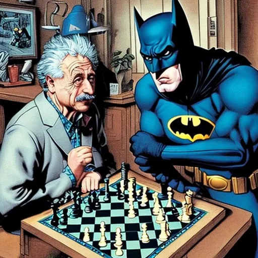 Prompt: Batman and Einstein  playing chess full color  