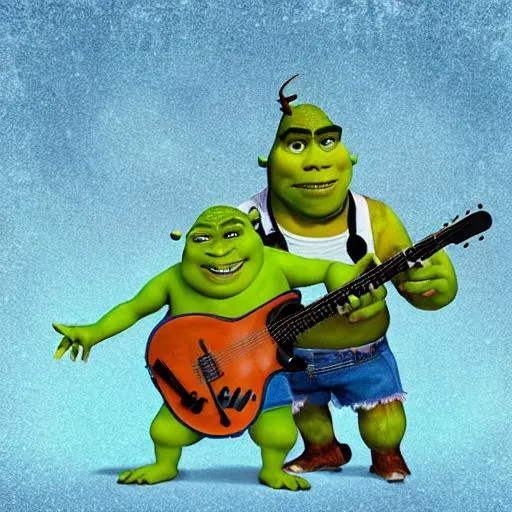 Prompt: Cool Shrek and shrekshuka start an epic rock band 70s groovy