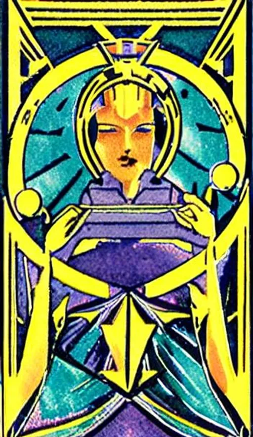 Prompt: Tarot "Two of Pentacles", jewel tones, art deco 


