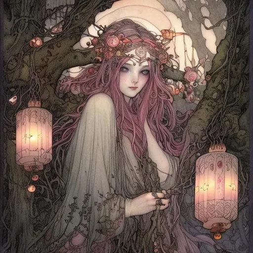 Prompt: Druid witch Girl with pretty detailed face rose gold pinkish hair perched high in a tree branch with lanterns by John bauer storybook illustrations high contrast 