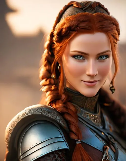 Prompt: highest quality stylized viking woman masterpiece, red hair, award-winning 3d oil painting art, perfect anatomy in perfect composition, long shot, hyper-realistic photography, intricate, 64k, UHD, HDR, (intricate eyes), extraordinary lips, smile, gorgeous eyelashes, highly detailed face, hyper-realistic facial features, cinematic 3d volumetric, dramatic lighting with backlit backlight, by Julia Razumova