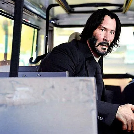 Prompt: Keanu Reeves in a bus