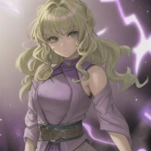 Prompt: jedi girl with blonde curly hair,purple clothes and green eyes  from star wars