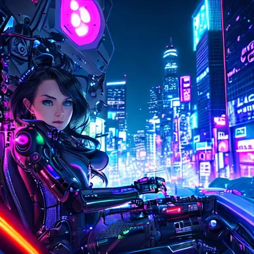 Prompt: A witch with a robotic arm, trying to unlock a giant robotic spider crawling through a post-apocalyptic cityscape, with a skull-shaped cockpit and glowing neon lights. --ar 16:9 --s 1250 --uplight --q 2, close up body shot