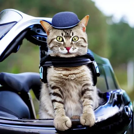 Cat driving bike with hat