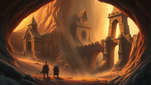 Prompt: (Whimsical Fantasy illustration), crumbled bridgehead on the right, dwarven city gate on the left, two dwarfs standing in front, gazing at the bridgehead, dust in the air, warm color scheme with golden hues, ethereal lighting, whole scene within a huge cave, serene yet adventurous atmosphere, highly detailed landscape, enchanted surroundings, vibrant textures, enchanting atmosphere, HD quality, fantastical setting.