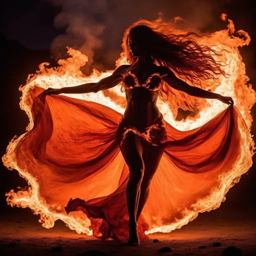 Prompt: very muscular dancing female, dancing on fire, silhouette, lava, long flowing fire gown, huge busom, long wavy fiery hair, long muscular legs, very muscular dancing female, mystical background, 