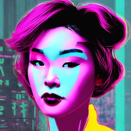 Prompt: a dark woman in tokyo, realistic, futuristic, 4K, in the background the metaverse, neon, in the style of Andy warhol, vibrant pastels