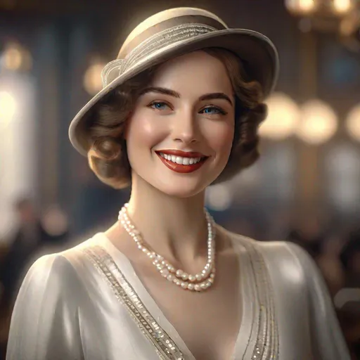 Prompt: An ultra realistic waist up portrait of good looking woman in the 1920s, long shot super detailed lifelike illustration, pearly white teeth, 

soft focus, clean art, professional, old style photo, CGI winning award, UHD, HDR, 8K, RPG, UHD render, HDR render, 3D render cinema 4D