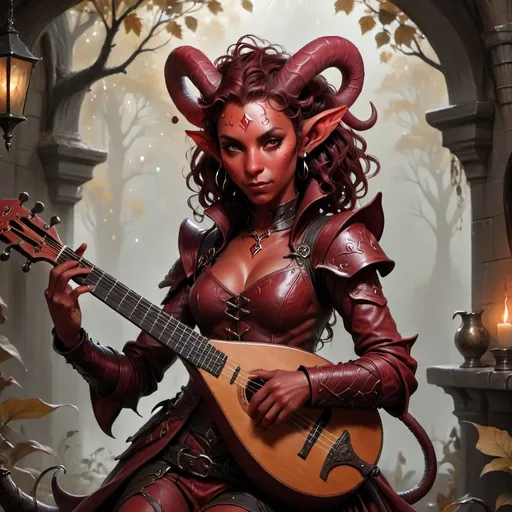 Prompt: Female tiefling bard, slim and elegant figure, rich crimson skin and dark, curling horns, adorned in intricate leather armor with delicate silver details, holding a lute with an enchanting glow, dimly lit ambiance reflecting a mysterious and alluring vibe, ethereal music notes swirling around her. Fantasy setting, lush background filled with ancient trees and mist, high-quality, ultra-detailed artwork.