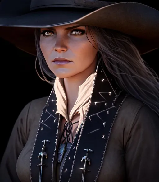 Prompt: Brooding, tense, foreboding 3D HD dramatic cinematic lighting [({one}Female as a dusty beautiful {Old-West}Gunfighter)], expansive Arizona desert background, sunset hyper realistic, 8K --s98500