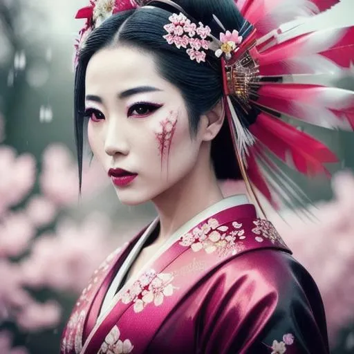 Prompt: A pretty and colorful Japanese Geisha woman with feathers, in the style of Flowers pink and scarlet red, cherry blossom trees background, realistic and hyper – detailed renderings, stefan gesell, aztec art, machine aesthetics, uhd image, dark white and turquoise, morbid, grim dark, wet, dark, very detailed, rendered in octane, wet, dense atmospheric, epic, dramatic, photorealistic, hyper ornate details, clear and sharp, only one person, only one face, Art by Stanley Artgerm Lau, Art by Genzoman, Art by Joe Madureira, Art by BlushySpicy, Art by Stjepan Sejic, Art by J Scott Campbell, Art by Guillem March, Art by Citemer Liu, Art by Kenneth Rocafort, 4k, High resolution, Comic book, Comic book character, Comic, High quality, Super high quality model, Production cinematic character rendering, Vivid, Highly detailed, Epic, Intricate, Cgsociety trending, Centered, Minidemo, Thoughtful, Intricate details, Ink cloud, Splash, Expansive, Elegant, Intricately detailed, Concept art, 8k, photo illustration by Marton Bobzert, Maximalism, Volumetric lighting, Natural light, Professional photography, calligraphy, Intricate gouache by Jean Baptiste Monge, photorealistic masterpiece by Aaron Horka and Jeremy Mann, Photorealistic, Masterpiece, 8k resolution, Ink flow, alberto seveso art, detailed gorgeous face, Perfect body proportions, super detailed art photo