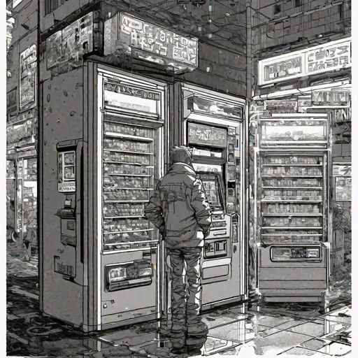 Prompt: Jack Kirby Cyberpunk. vending machines. osaka, japan. raining. early morning sunlight. one customer at machine. Larger perspective. include  tables and chairs.  comic book style art.  REALISTIC. Cyberpunk elements. neon and dark metal. futuristic meets the old. The year is 2079. Jack Kirby inspired comic book art. Line drawing comic art. 