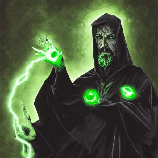 Prompt: black-robed sorceror with glowing green eyes and a pointed black goatee