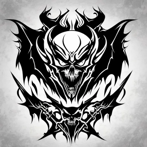 Prompt: 2d satanic demon, vector illustration, evil eyes, death metal band logo, 2d flat, centered, black and white, transparency