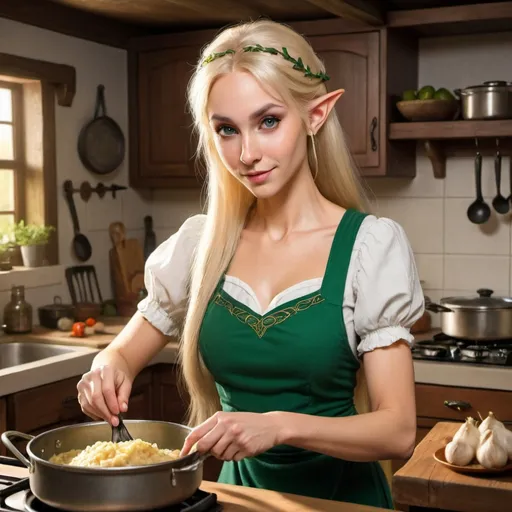 Prompt: A beautiful elven housewife with blonde hair cooking dinner