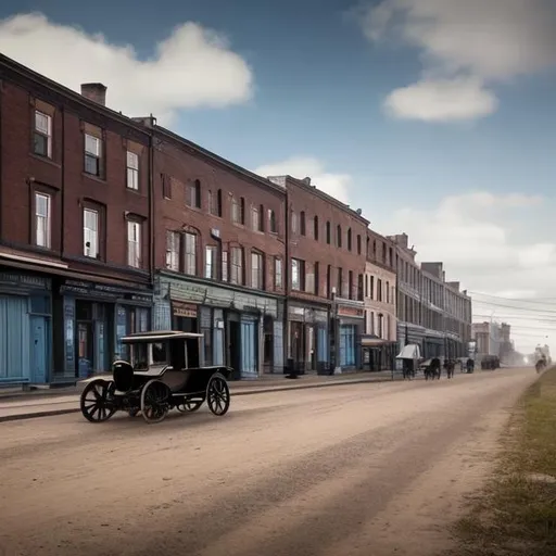 Prompt: Early tall 1900s buildings road old 1930 black ford car high resolution 4k daytime nice weather light blue sky 