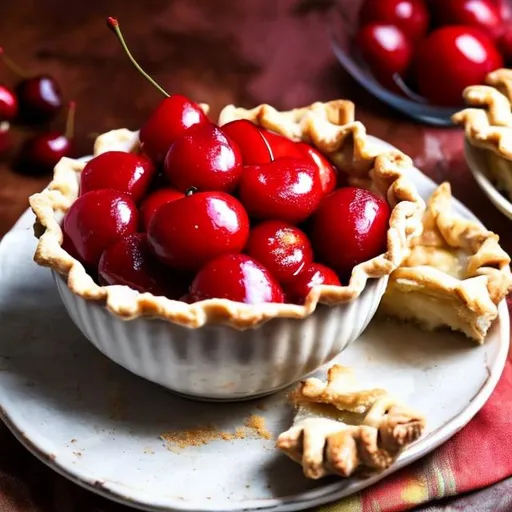 Prompt: Cherrys  in bowl  with pie crust on top