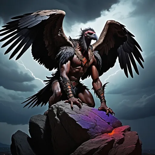 Prompt: Full body, Fantasy illustration of the male archdemon of unrest and lies, dark skin, head of a vulture, evil starring, glorifying pose, on a rock surrounded by a dark stormy night , vibrant colors