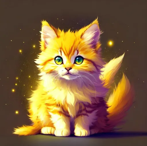 Prompt: Cute, yellow, fluffy, fantasy light kitten, with lighting, yellow eyes, yellow fur, and possessing the element of space and making circles of lighting stripes
 move around in the air in a magical way, in a space background. Perfect features, extremely detailed, realistic. Krenz Cushart + loish +gaston bussiere +craig mullins, j. c. leyendecker +Artgerm.