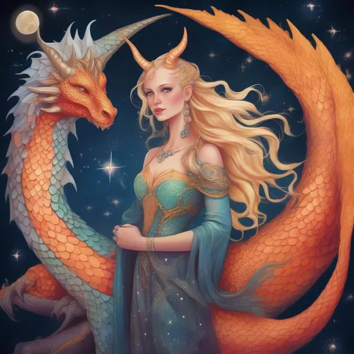 Prompt: A colourful and beautiful Persephone, she is a dragon woman, with scales for skin, horns and blond and gems for hair with a dragon tail, in a painted style. Standing with her is a Griffin. Framed by constellations and the moon