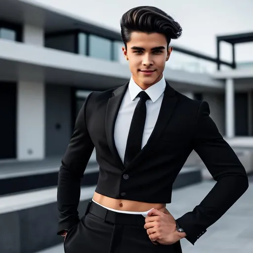 Prompt: crop top, black long sleeve business suit with a black necktie, bare midriff, bare navel, black business suit pants, attractive, 20-years old, determined, long hair, male, man, rock hard abs, smiling, hands on hips, (outside behind building), ((high quality)), 4k, hdr, ((highly detailed)), ((vibrant)),