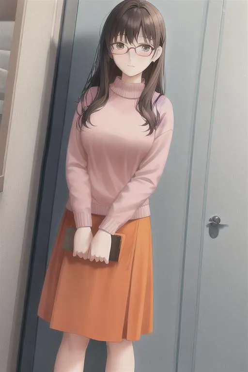 Prompt: An 18-year-old woman, 183 cm tall, with a slim, trim figure. She's wearing orange glasses, a  flowing skirt in orange, a in pale pink cozy sweaters,  light blue Basket. Very detailed clothing. Shy and gentle expression on the face. Full body