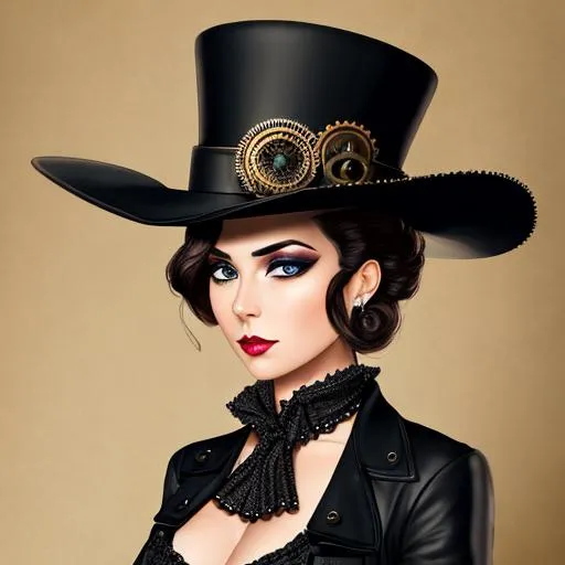 steampunk female wearing a black tophat, heavy makeup