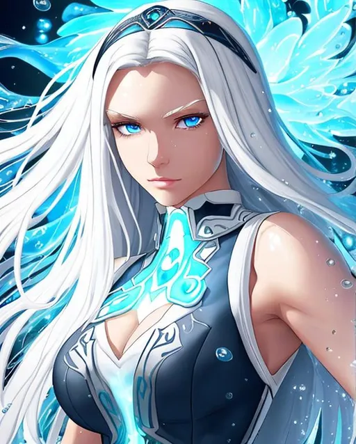 Prompt: A beautiful young 15 year old ((British)) Water elemental with light skin and a beautiful face. She has long white hair and white eyebrows. She wears a beautiful dark blue dress. She has brightly glowing dark blue eyes and water droplets shaped pupils. She wears a blue tiara. She has a blue aura around her. She is using water magic in battle. Epic battle scene art. Full body art. {{{{high quality art}}}} ((goddess)). Illustration. Concept art. Symmetrical face. Digital. Perfectly drawn. A cool background.