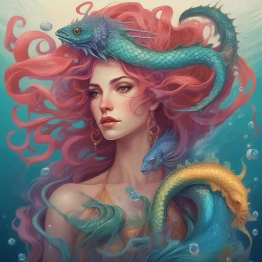 Prompt: A colourful and beautiful Persephone, with precious gem coloured hair and her hair being made out of magic and tentacles, with scales on her skin, with a sea-dragon and fish underwater in a painted style