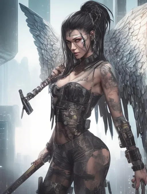 Prompt: cyberpunk angel with seductive look holding a sword covered in tattoos