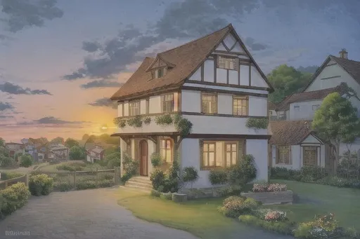 Prompt: a beautiful two story house in a beautiful village, illustrated, dawn, sunrise, good brightness