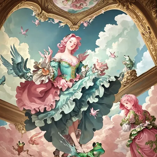 Prompt: A large rococo style ceiling fresco but all the people are frogs. The realistic frogs are dressed in flowing fabrics and some have angel wings. The frogs have clothes like It has beautiful blue and pink hues that make it feel dreamy and warm. The sky is blue the clouds are pink. 