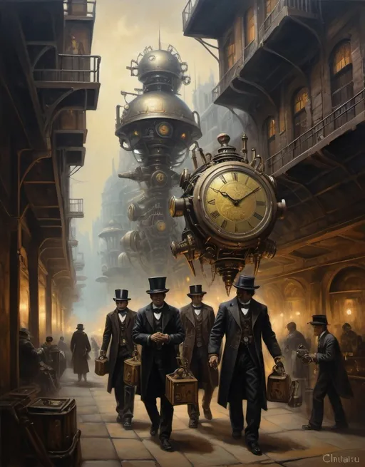 Prompt: Chiaroscuro, a oil painting of a futuristic clockwork city, people in 1850's clothing, robot servants carrying things, steam punk vibe, 