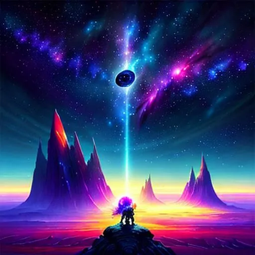 Prompt: Please produce a fantasy artwork Fantastic planetscape looking down on a tundra. Space ships flying in the dark sky, nebula and stars in the background on the horizon with vibrant colors and effects. very pretty painting. 