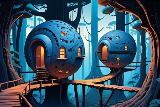 Prompt: An alien settlement of spherical clay primitive houses suspended in blue forest canopy, with rickety bridges between them, with mysterious lights  in houses, psychedelic imagery, in style of Moebius, comic illustration 