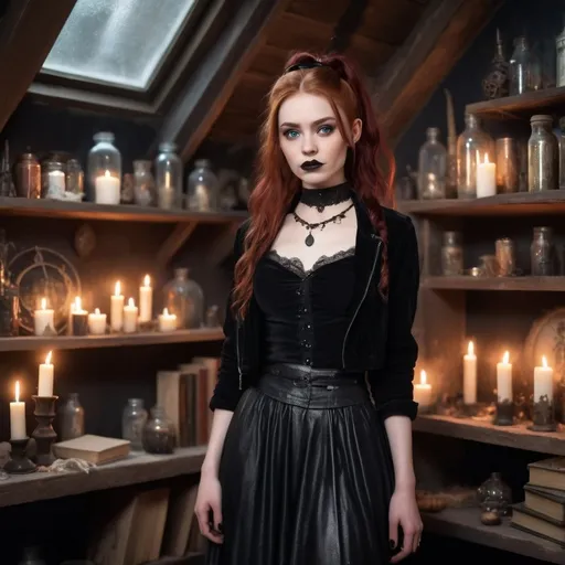 Prompt: An image of Four beautiful young witches conjuring in an attic, give them active poses around the attic altar:  (The first witch has long, fiery red hair cascading down her back, and intense green eyes. She wears a mix of bohemian and punk styles, with a leather jacket over a flowy skirt.), (Second witch has straight black hair in a high ponytail, has deep brown eyes and pale skin, wearing a gothic black dress with lace and velvet, accented by dark lipstick and a choker.), (third witch has curly brown hair tied in a messy bun, hazel eyes and a sun-kissed complexion. She wears jeans and a flannel shirt, accessorized with handmade wooden jewelry.),  (fourth witch has sleek platinum blonde bob and striking blue eyes, shines in a metallic outfit with modern, chic fashion.).

An attic filled with flickering candles casting eerie shadows on the walls. Symbols drawn in chalk surround the space, shelves are cluttered with ancient books, crystals, and potion bottles. An altar in the center is adorned with rose petals, herbs, and glittering crystals. The atmosphere is both enchanting and spooky, with a sense of powerful, ancient magic in the air as the witches prepare their conjuration.