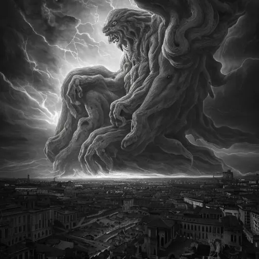 Prompt: it's Rome but in a Lovecraft story. Seen by the sky.
With darkness in form of black fog that envelope the city and shadow all around.
The shadow of a big shadow monster, with claws dangerous on the city, it is on the background behind the cloud and thunder creates spot of light. Only the eyes of the monster are illuminated.
Look like a Dave McKean artstyle but colored by Marvel artist.
Main colors are black, white, blue and green