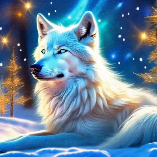 Prompt: a white wolf with blue eyes laying in the snow, with deep blue fur highlights, a digital rendering, by Lorraine Fox, colorful kitsune city, emanating with blue aura, fluffy fox ears, a tattoo of a fox, white sparkles sunlight beams, header text, photo render, yee chong silverfox, shining star, very extremely beautiful, uv, professional, symmetric, golden ratio, unreal engine, depth, volumetric lighting, rich oil medium, (brilliant auroras), (ice storm), full body focus, beautifully detailed background, cinematic, 64K, UHD, Yuino Chiri, intricate detail, high quality, high detail, masterpiece, intricate facial detail, high quality, detailed face, intricate quality, intricate eye detail, highly detailed, high resolution scan, intricate detailed, highly detailed face, very detailed, high resolution, perfect composition, epic composition