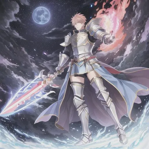 Prompt: anime opening Full-body detailed masterpiece, fantasy, high-res, quality upscaled image, perfect composition, fire emblem manly heroic lord Marth in knight armour, blue moonlight background, holding a fire red flaming greatsword