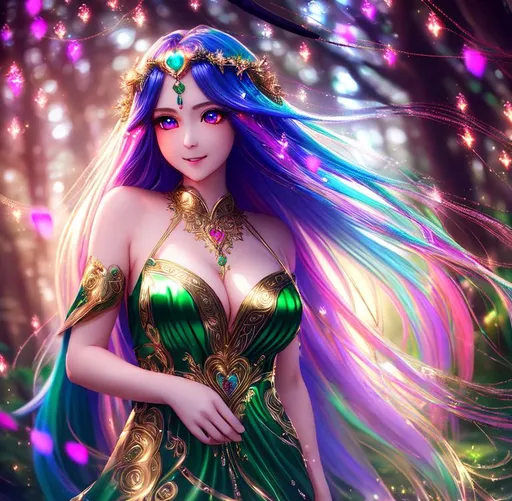 Prompt: Happy, Joyful, Affectionate, 3D HD Beautiful [{one}{Goddess}Female wearing {liquid}silk (green red gold silver blue), cute and adorable, cute big reflective eyes, long flowing hair, beautiful hands]::2, sparkle hearts, intricate detail, cinematic lighting, expansive magical forest background, hyper realistic, 8K --s98500