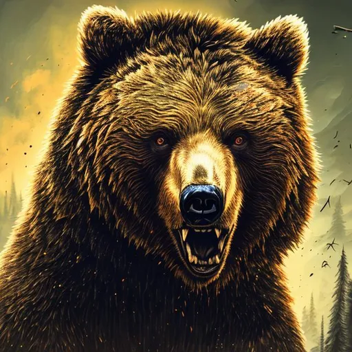 Prompt: angry bear , vintage, hyperdetailed, 8k resolution concept art, complementary colors, deep color, hyperrealism, photorealism, golden hour, complex, detailed, expansive, photorealistic, retro, Julian Pott style