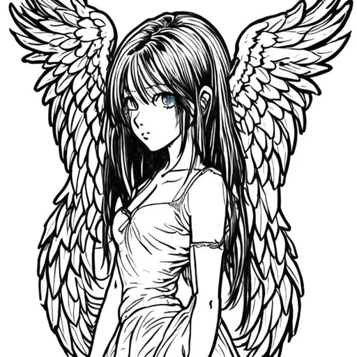 Prompt: anime girl with six pares of angel wings in fineline style for tattoo