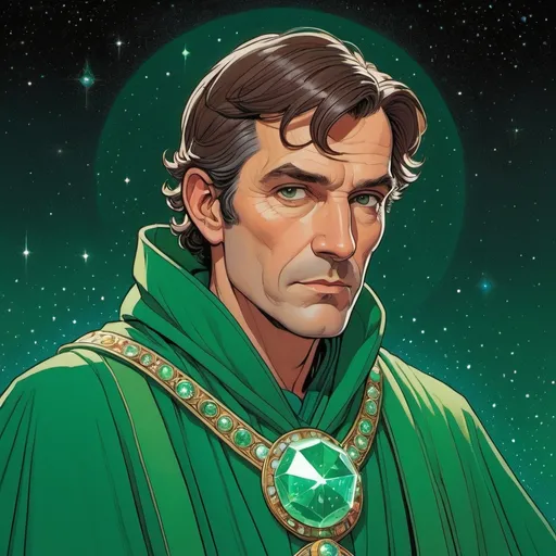 Prompt: A portrait of a medium charlatan. He is middle-aged, clean-shaven, brunette, wears green robes, and has crystals orbiting his head. In the style of Moebius.