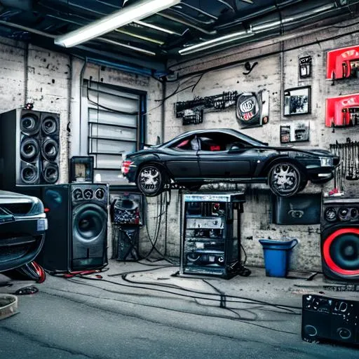 Prompt: A car mechanic garage with a black cyberpunk DJ playing music trough big speakers