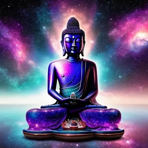 Prompt: alexandrite buddha, widescreen, infinity vanishing point, galaxy background
