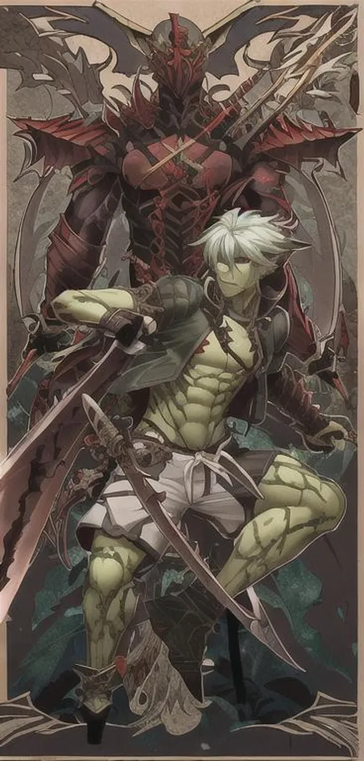 Prompt: A male dragonborn with green skin and white hair and red eyes dual-wielding two katanas. while wearing shorts

