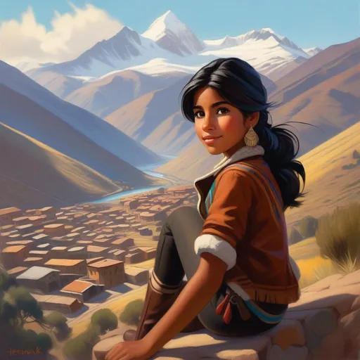 Prompt: Third person, gameplay, Bolivian girl, tan skin, black hair, brown eyes, La Paz, Andes mountains in the background, cool atmosphere, cartoony style, extremely detailed painting by Greg Rutkowski and by Henry Justice Ford and by Steve Henderson 

