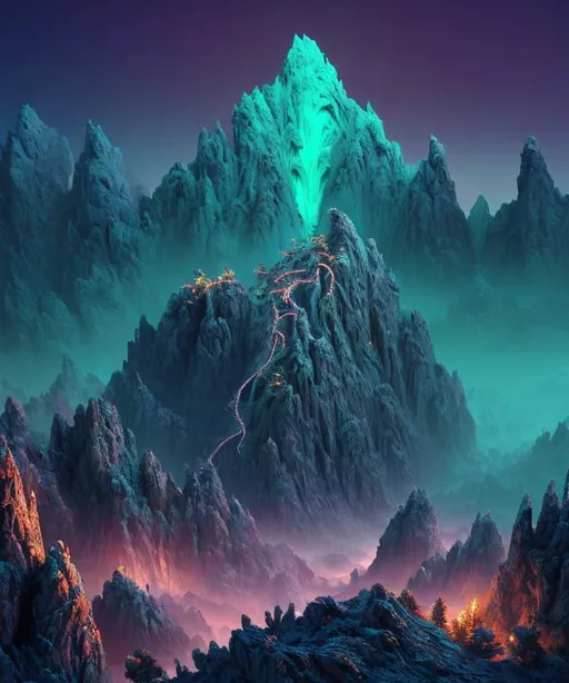 Prompt: a cursed mountain with rotting trees and fog cascading down,  mountain scene, tainted peak, Masterpiece,  photo quality,  cinematic light, ((depth of field)), fractal isometrics details bioluminescence, analogous colors, Luminous Studio graphics engine, trending on artstation Isometric Centered hyperrealist cover photo awesome full color, gritty, glowing shadows, high quality, high detail, high definition
